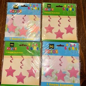12 Hanging party decorations. Pink stars with swirls. 4 packs of 3 each.Unopened